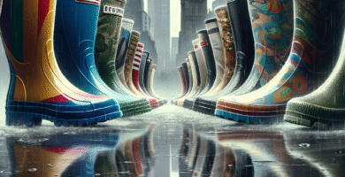 Nærbilde av moderne internasjonale regnstøvler i urbant regnvær, variasjon i farger og materialer, regndråper og refleksjoner, fokus på detaljer og tekstur