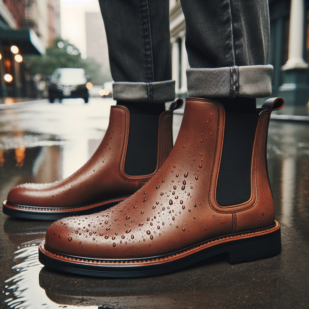 Nærbilde av et par Chelsea-støvler i vått bymiljø, vanndråper på lær, nøytrale farger, moderne og funksjonelt uttrykk