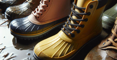 Nærbilde av forskjellige regnstøvler på vått underlag: gummi, PVC og naturgummi, med fokus på tekstur og materialdetaljer, naturlig lys