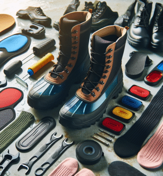 Nærbilde av et par regnstøvler med ulike tilbehør rundt: innleggsåler, reflekser, reparasjonssett og fargerike skafttrekk på vått underlag, naturlig lys