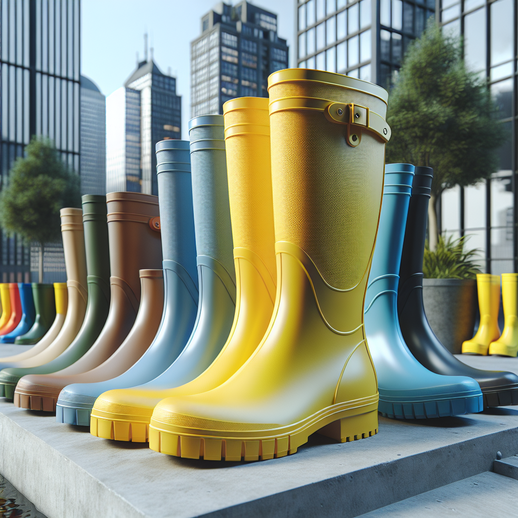Illustration of stylish modern rubber boots in various colors, suitable for different weather conditions, placed in an urban setting.
